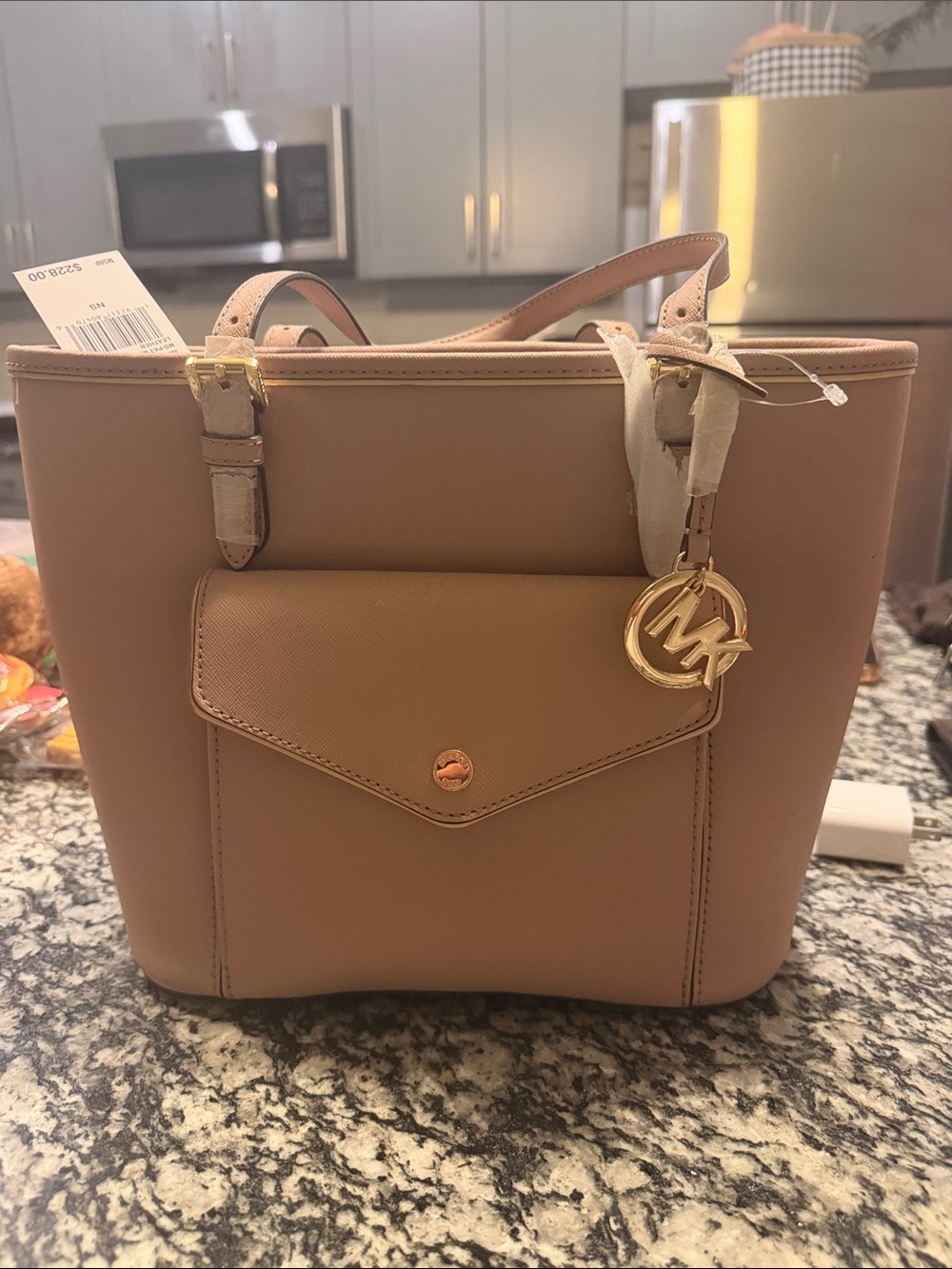 Michael Kors Pink-Tan Saffiano Leather Tote with MK Charm
